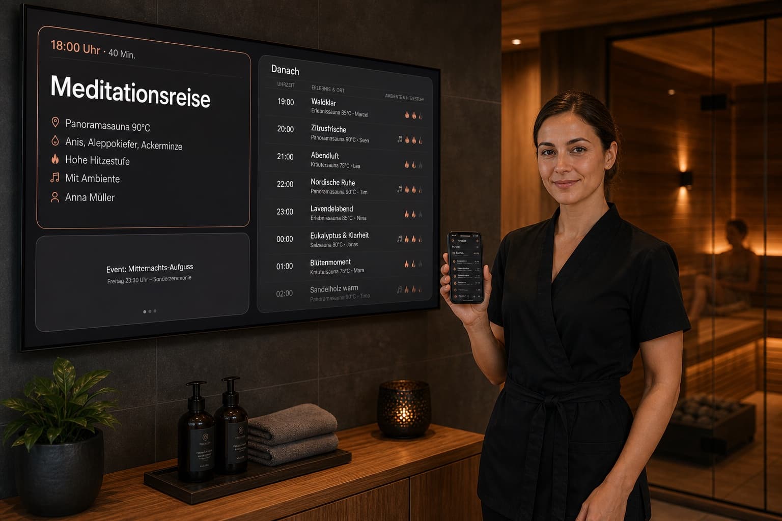 Digitaler SaunaMedia Aufgussplan auf Bildschirm und Smartphone