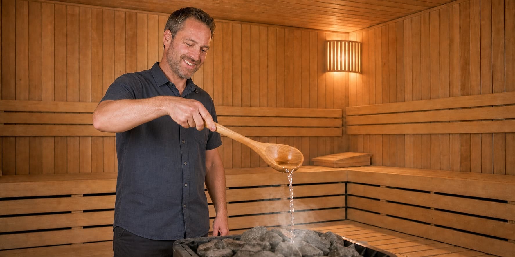 Gut gelaunter Saunameister bei einem Aufguss in einer modernen Sauna