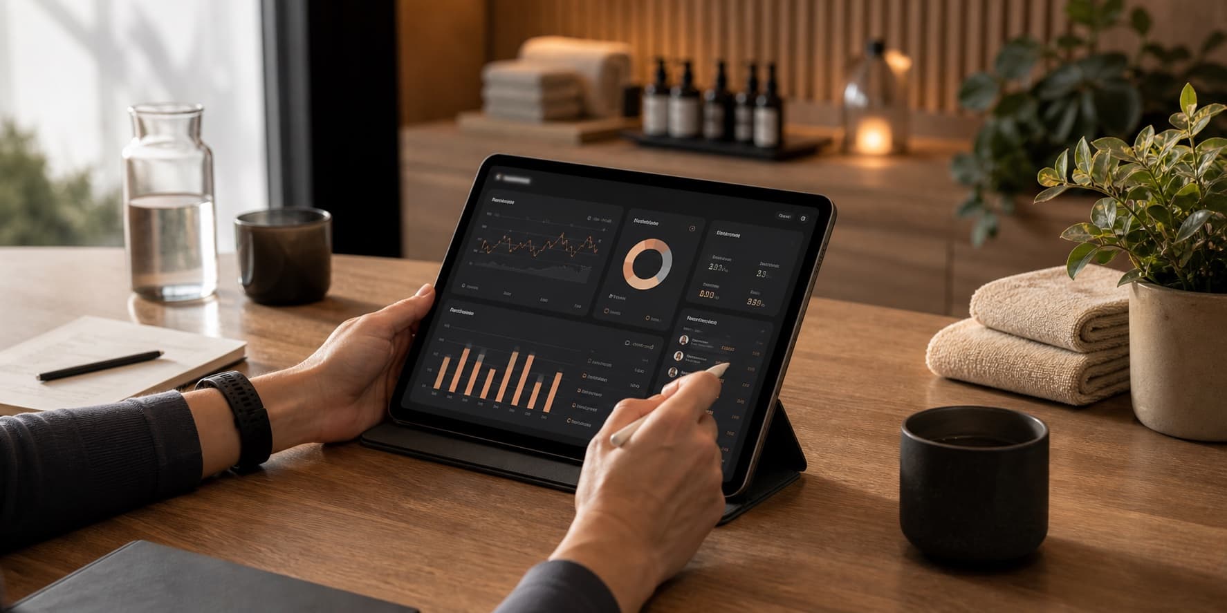 SaunaMedia Dashboard mit Auswertungen auf einem Tablet